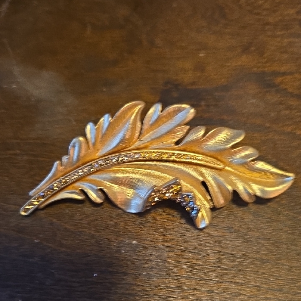 Gold Leaf Brooch with Rhinestone Accents
